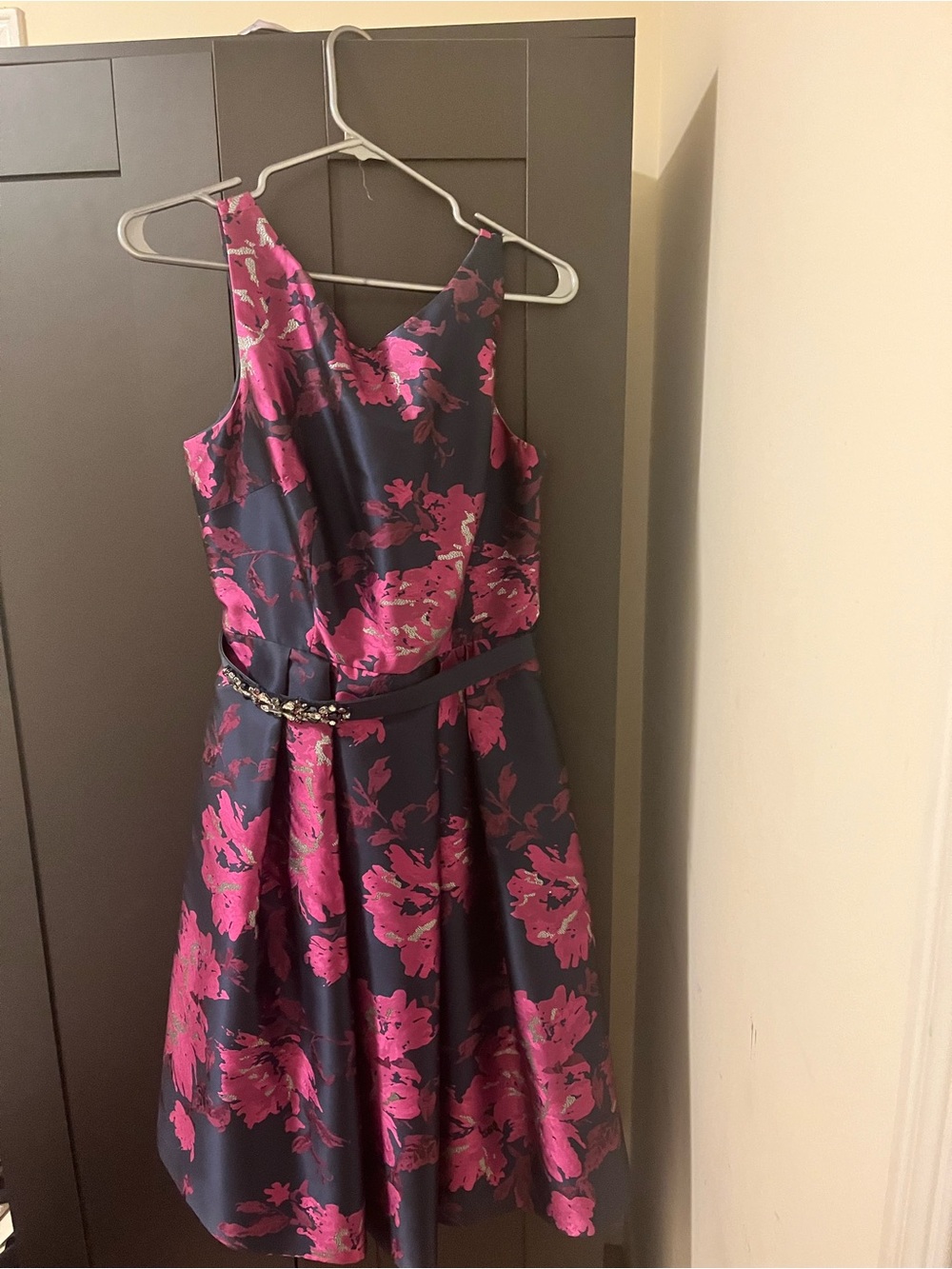 Eliza J Navy Midi Dress with Hot Pink Floral Print